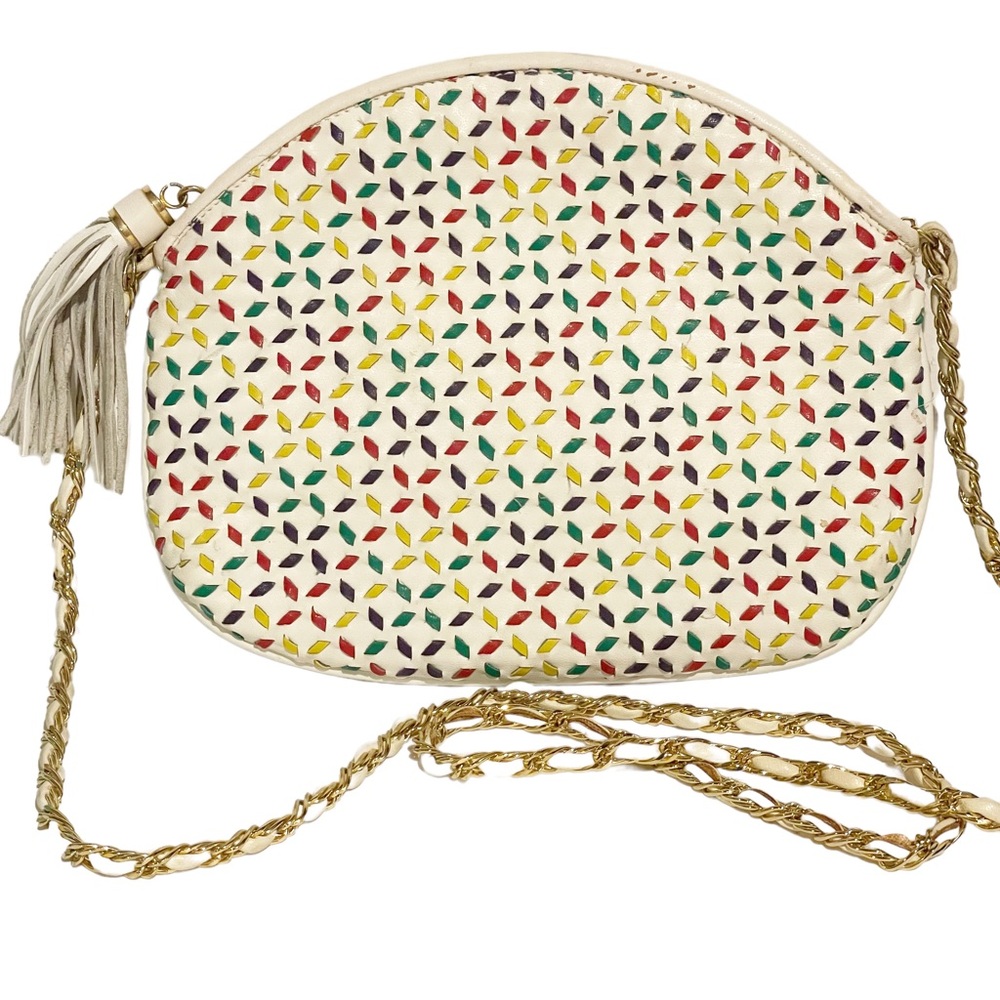 White Leather Multi Color Stitched‎ Rounded Chain Link Full Zip Shoulder Bag